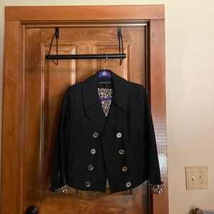 Black double breasted short jacket. Excellent condition leopard print lining